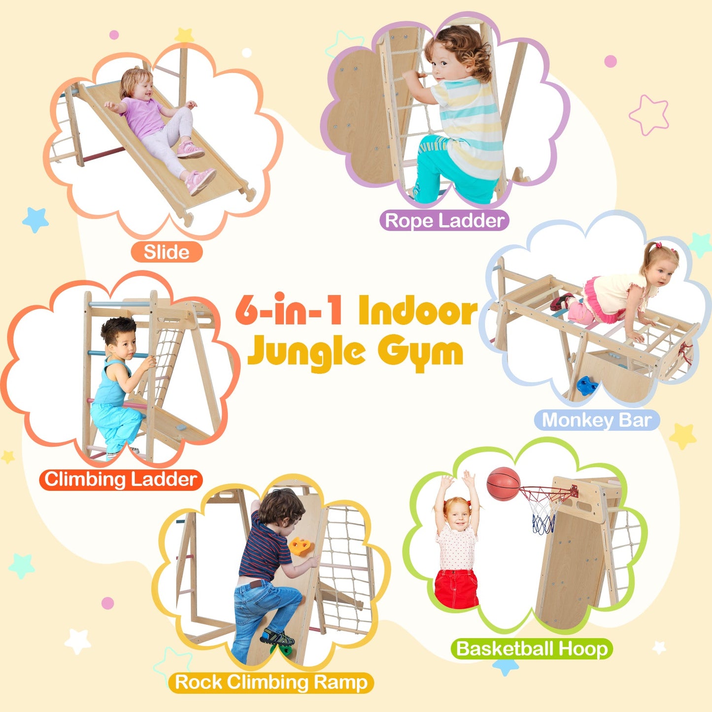 Kids Indoor Playground 6-in-1 Jungle Gym for 3-14 Years Olds