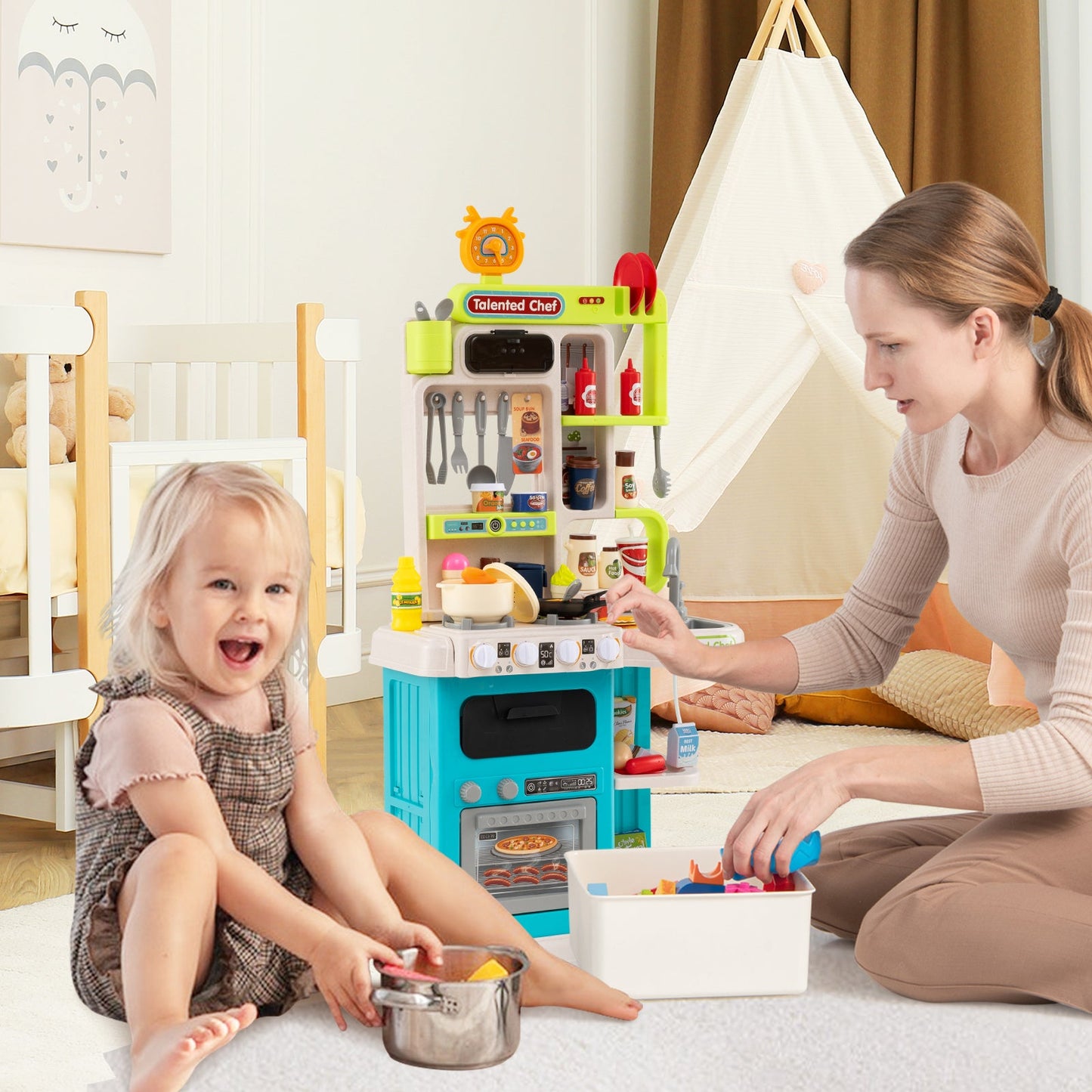 Kids Kitchen Playset Pretend Play Kitchen with Realistic Sounds and Lights