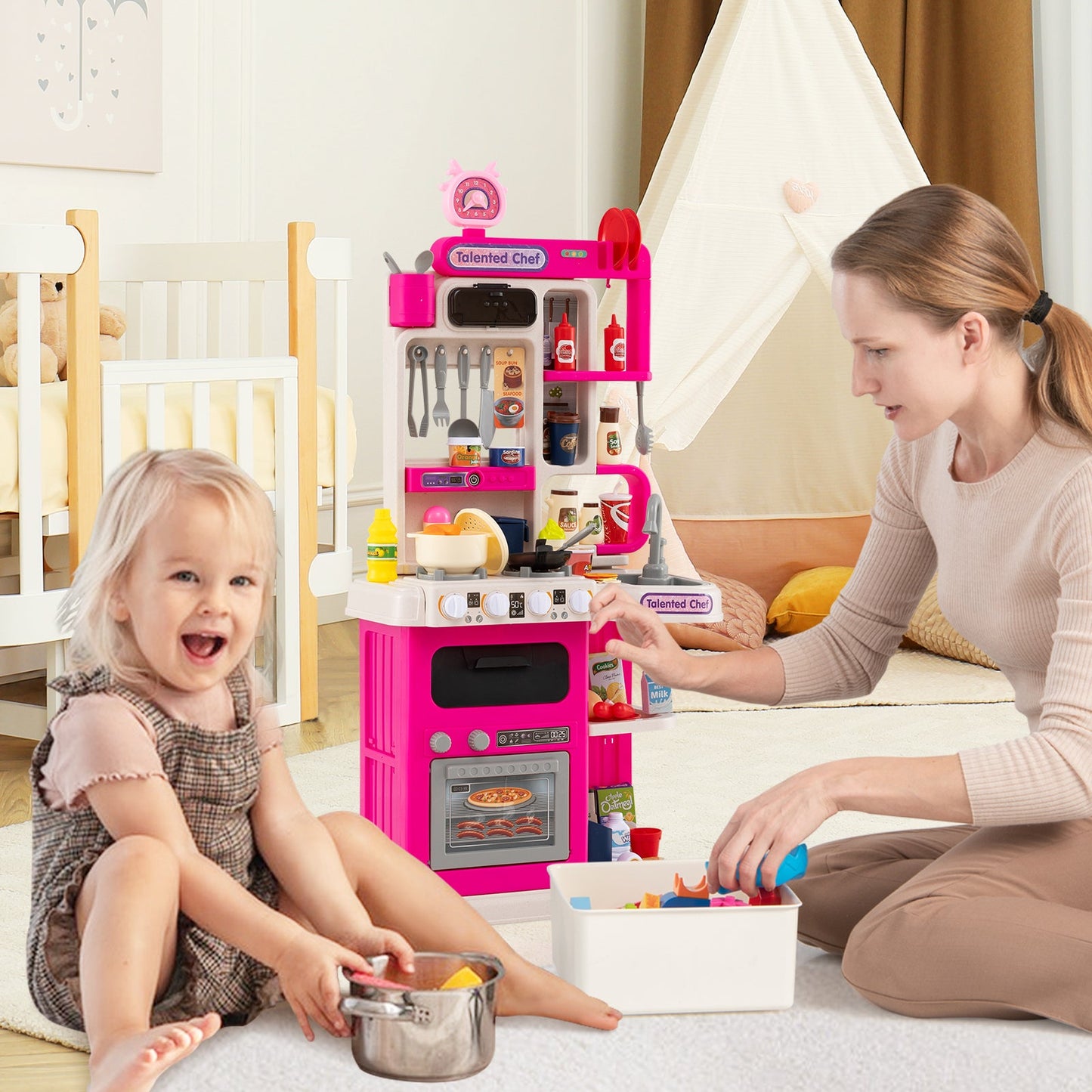 Kids Kitchen Playset Pretend Play Kitchen with Realistic Sounds and Lights
