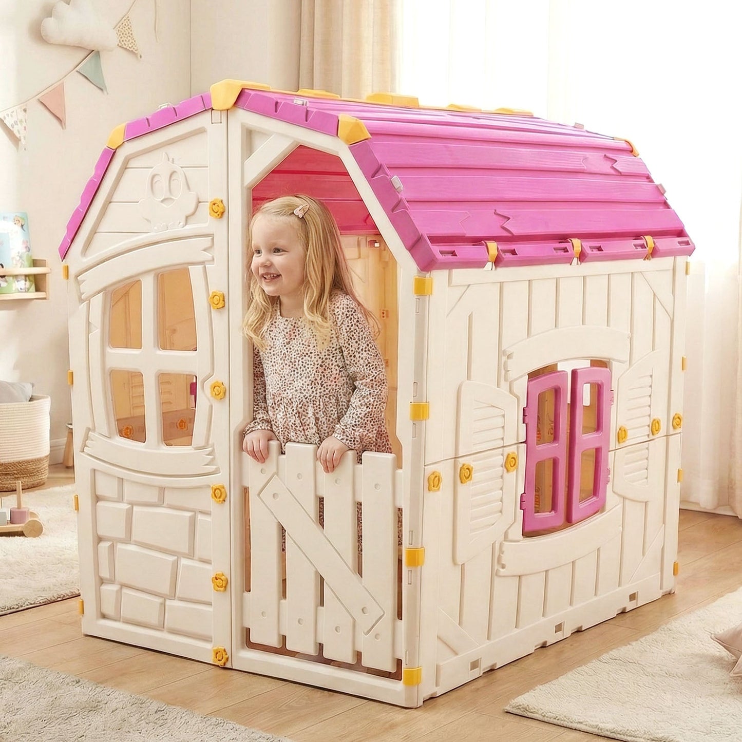 Kids Outdoor Playhouse with Openable Windows and Door for Indoor Room