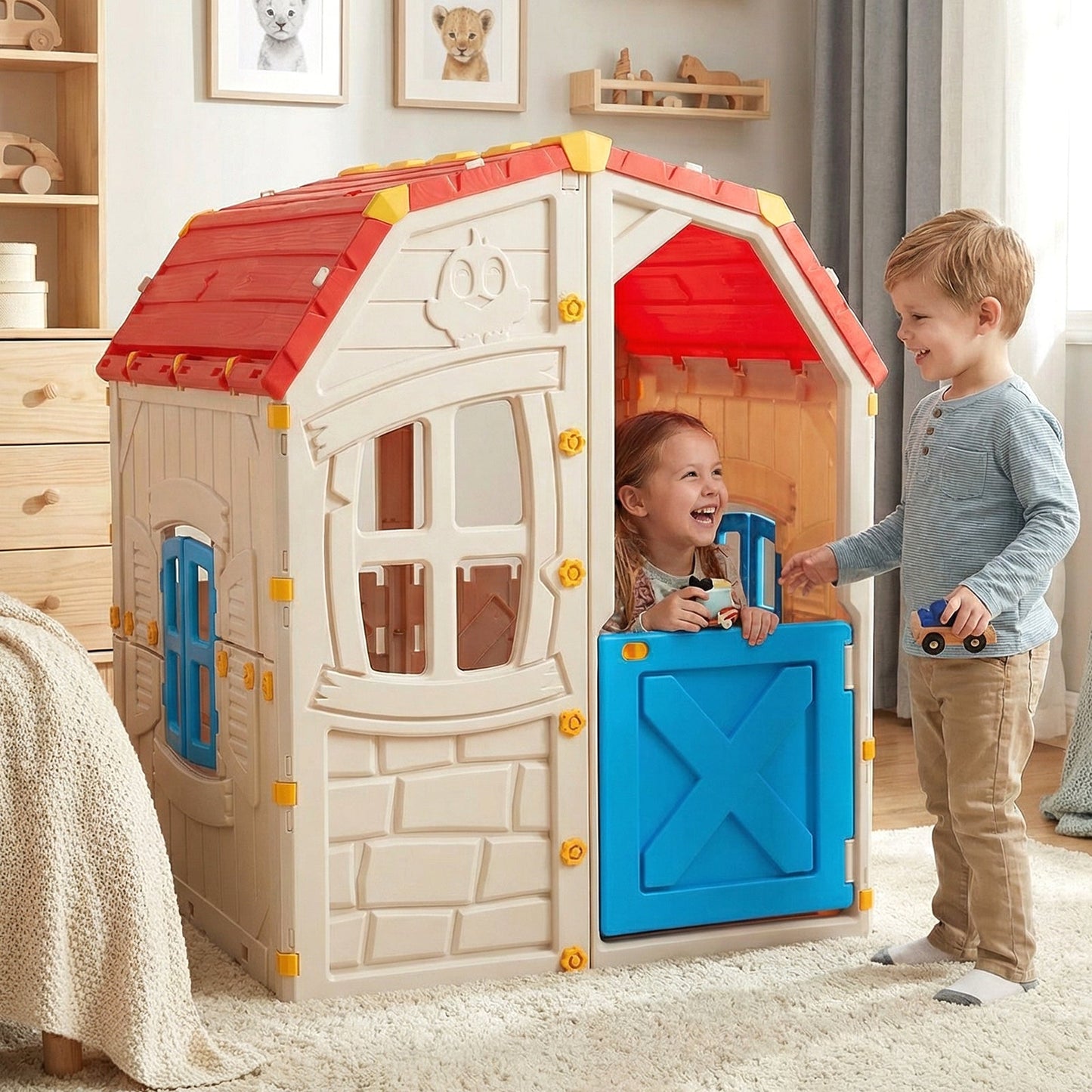 Kids Outdoor Playhouse with Openable Windows and Door for Indoor Room