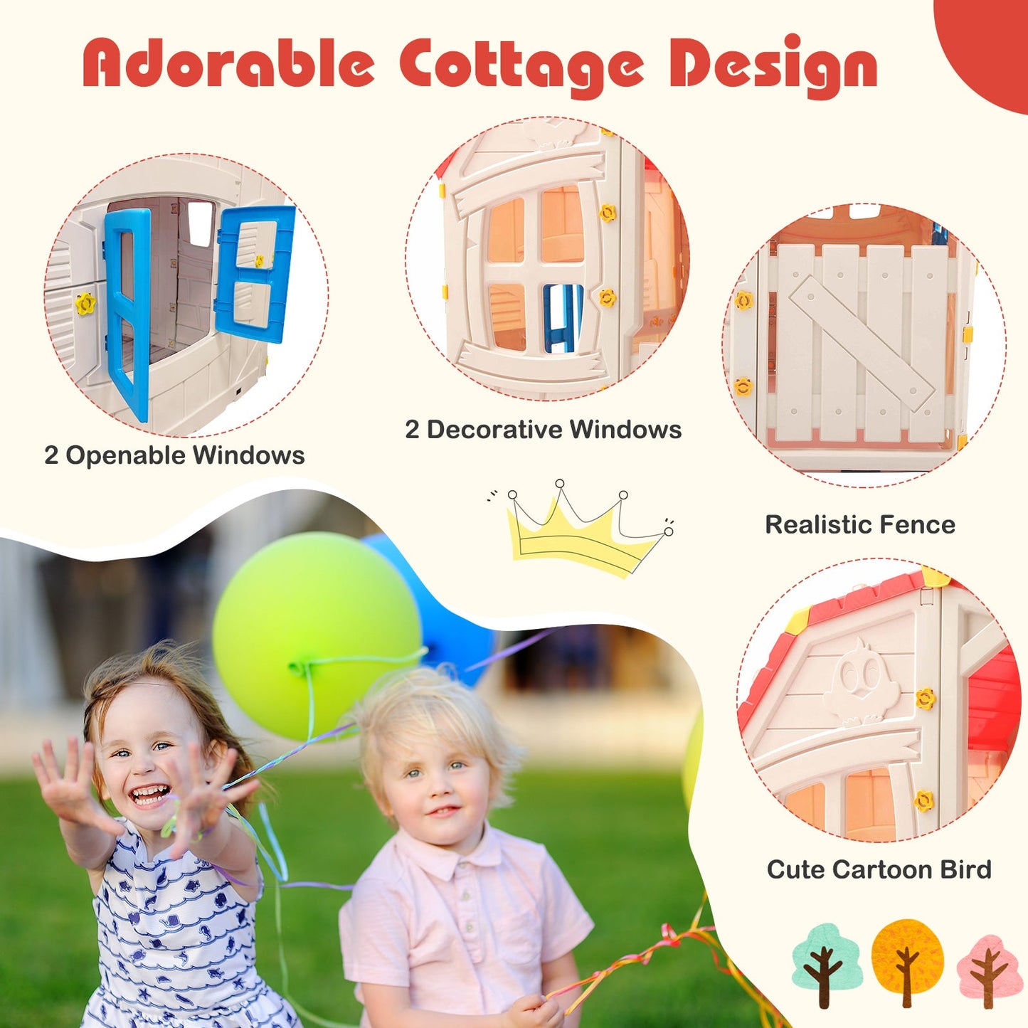 Kids Outdoor Playhouse with Openable Windows and Door for Indoor Room