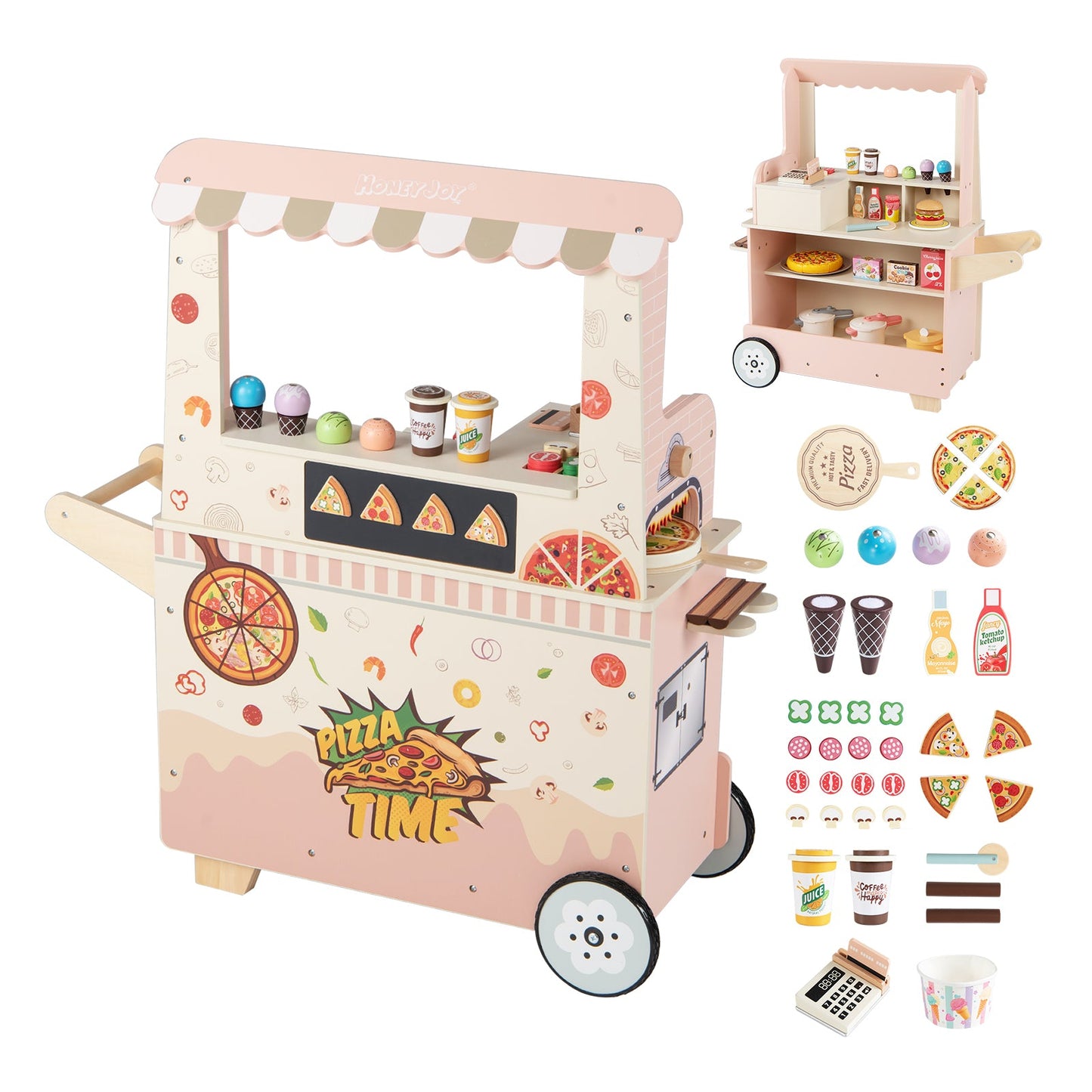 Kids Pizza Food Truck Wooden Pretend Play Snack Cart with Oven-Pink