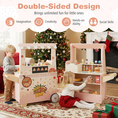 Kids Pizza Food Truck Wooden Pretend Play Snack Cart with Oven-Pink