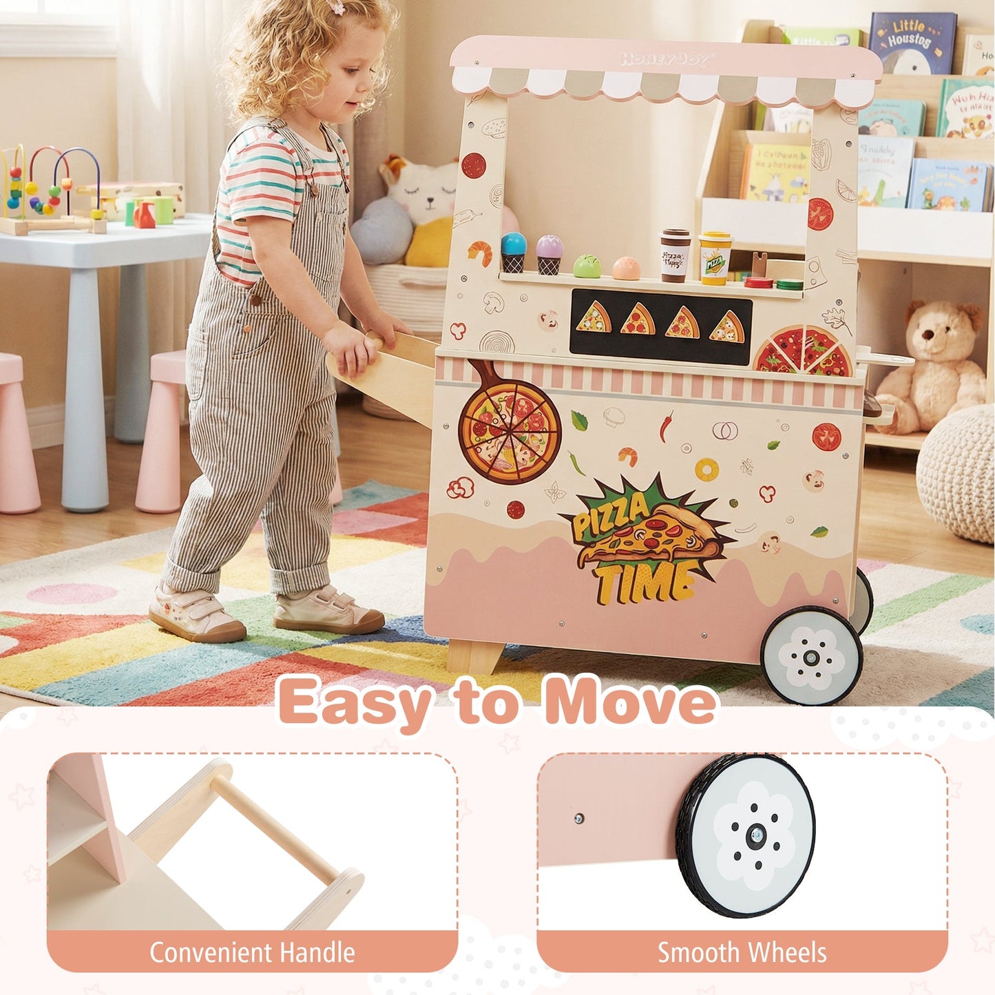 Kids Pizza Food Truck Wooden Pretend Play Snack Cart with Oven-Pink