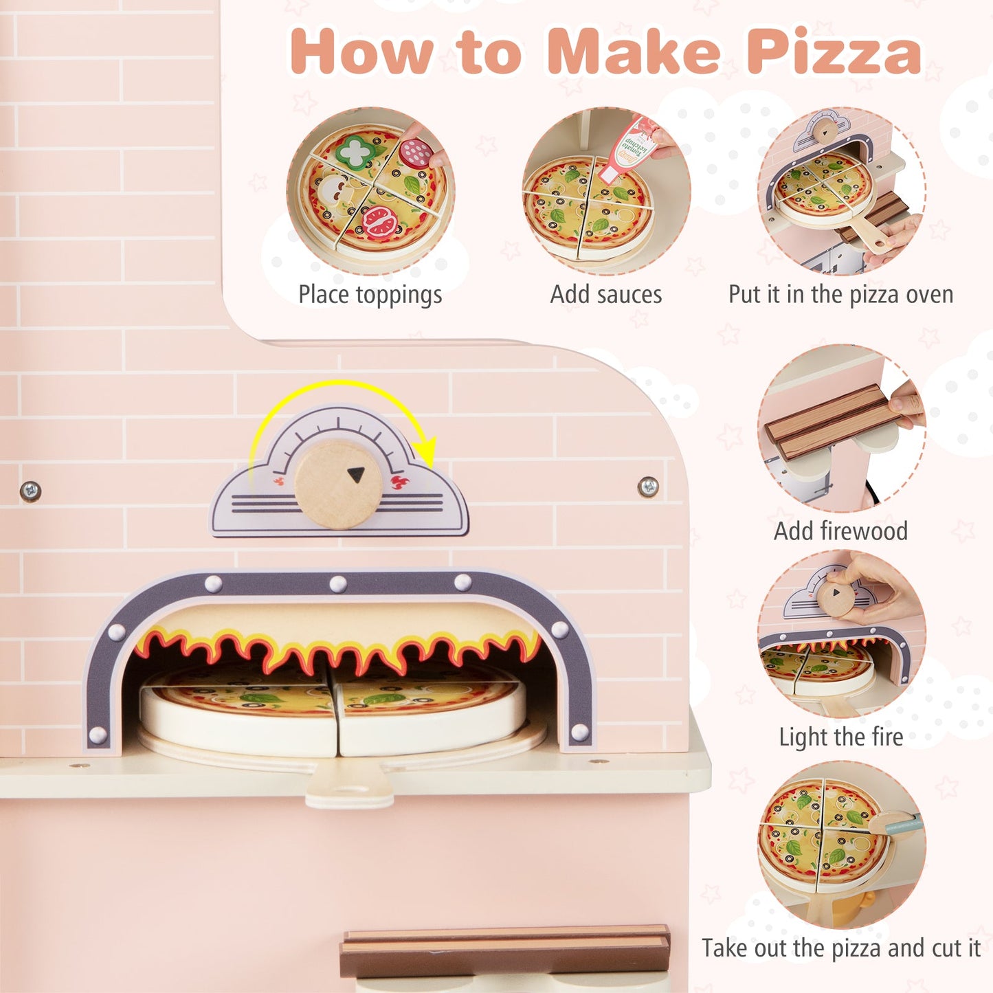 Kids Pizza Food Truck Wooden Pretend Play Snack Cart with Oven-Pink