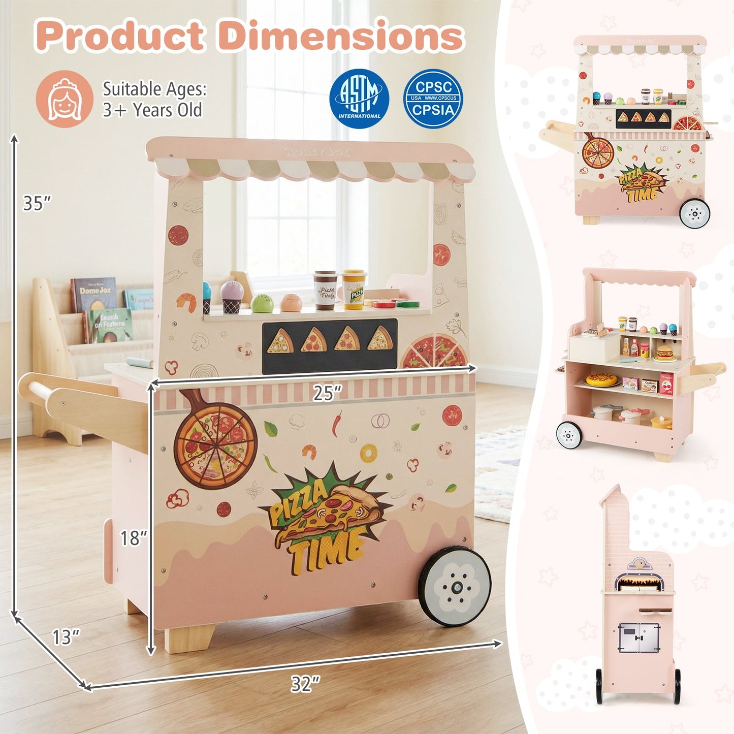 Kids Pizza Food Truck Wooden Pretend Play Snack Cart with Oven-Pink