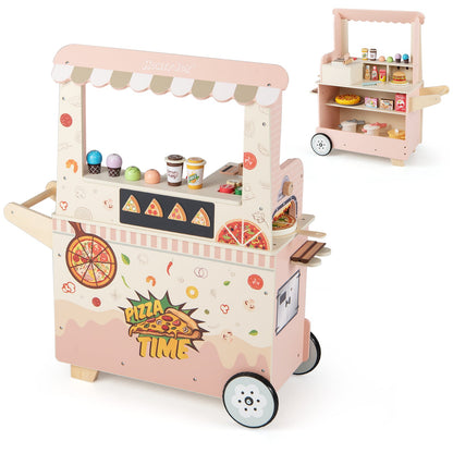 Kids Pizza Food Truck Wooden Pretend Play Snack Cart with Oven-Pink