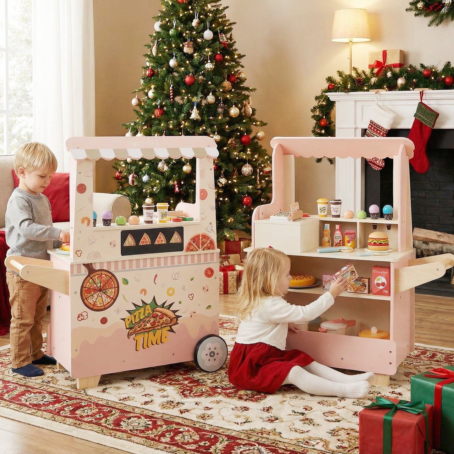 Kids Pizza Food Truck Wooden Pretend Play Snack Cart with Oven-Pink