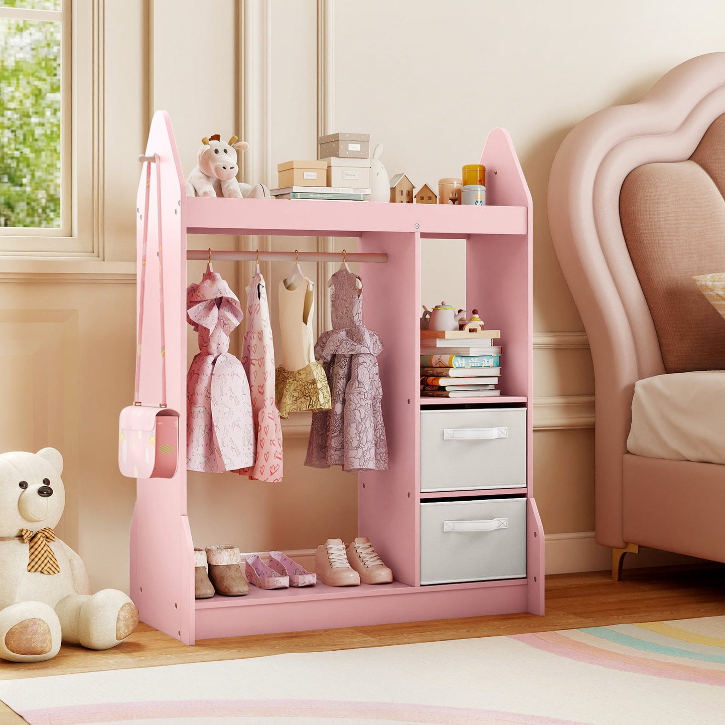 Kids Play Armoire Dresser with Cloth Hanger-Pink