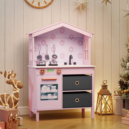 Kids Play Kitchen Children Toy Kitchen Playset with 2 Stoves and Rotation Knobs