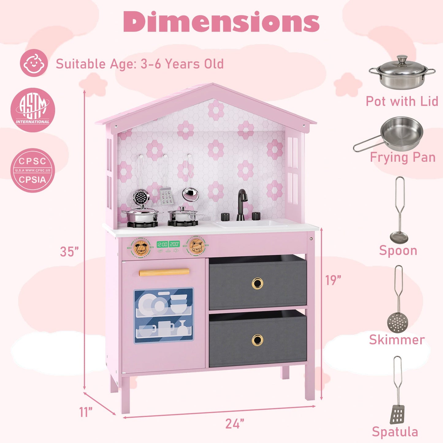 Kids Play Kitchen Children Toy Kitchen Playset with 2 Stoves and Rotation Knobs