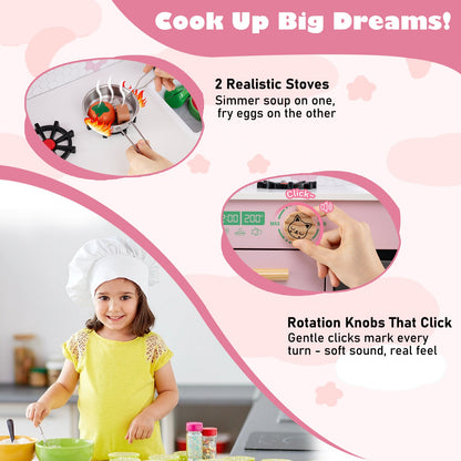 Kids Play Kitchen Children Toy Kitchen Playset with 2 Stoves and Rotation Knobs