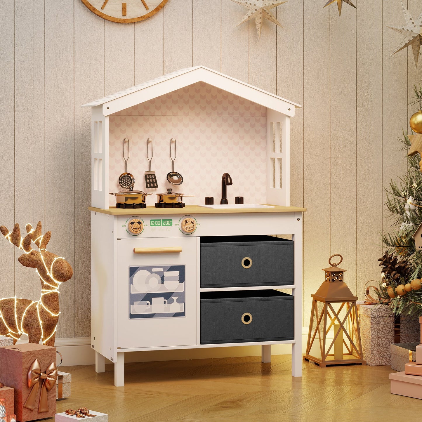 Kids Play Kitchen Children Toy Kitchen Playset with 2 Stoves and Rotation Knobs