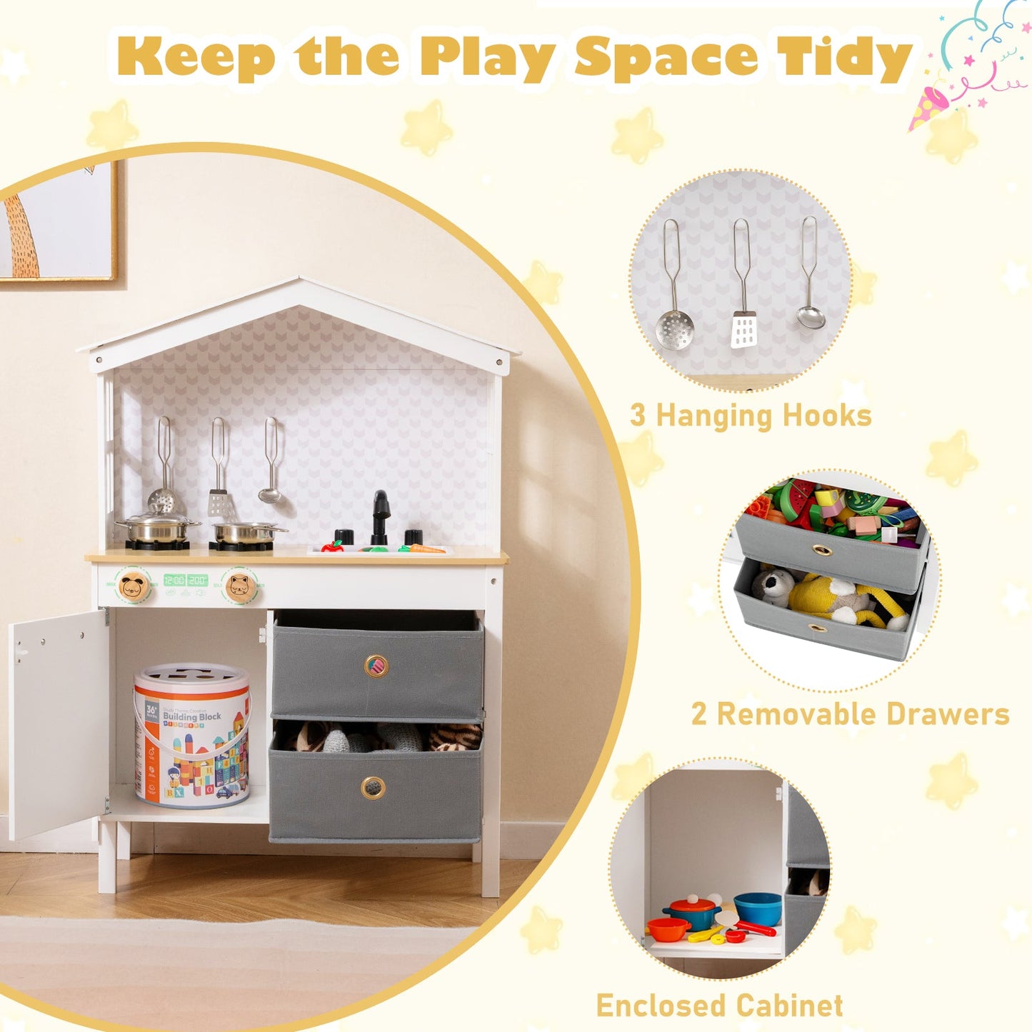 Kids Play Kitchen Children Toy Kitchen Playset with 2 Stoves and Rotation Knobs