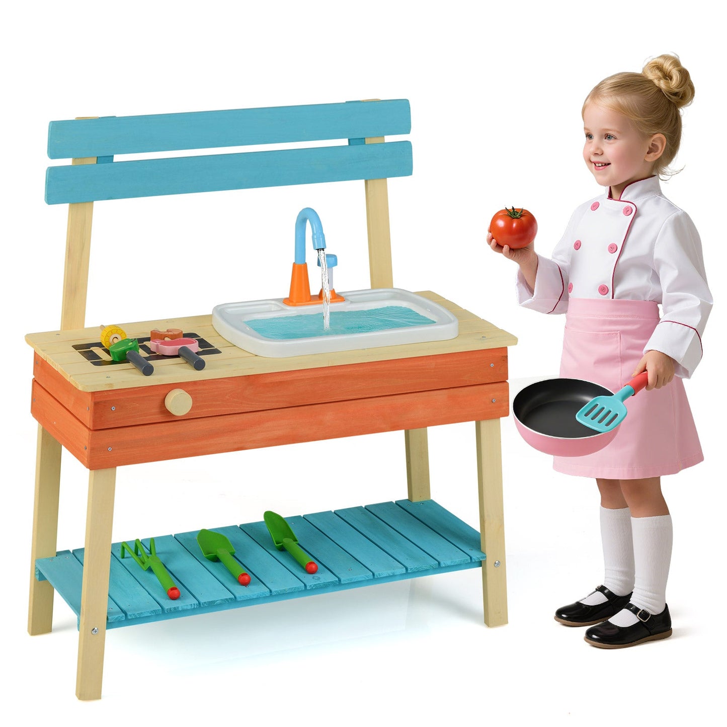 Kids Play Kitchen Set Wooden Kitchen Playset Chef Pretend Mud Kitchen-Blue