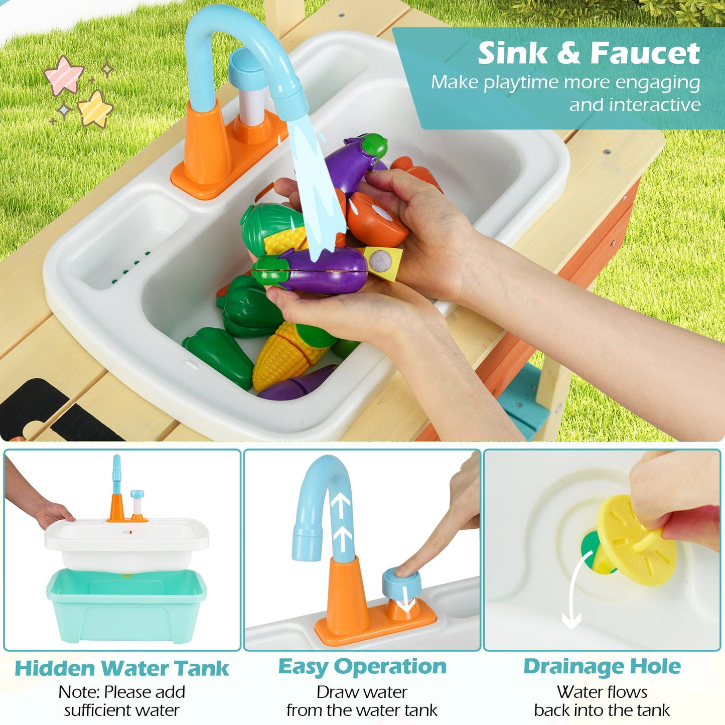 Kids Play Kitchen Set Wooden Kitchen Playset Chef Pretend Mud Kitchen-Blue