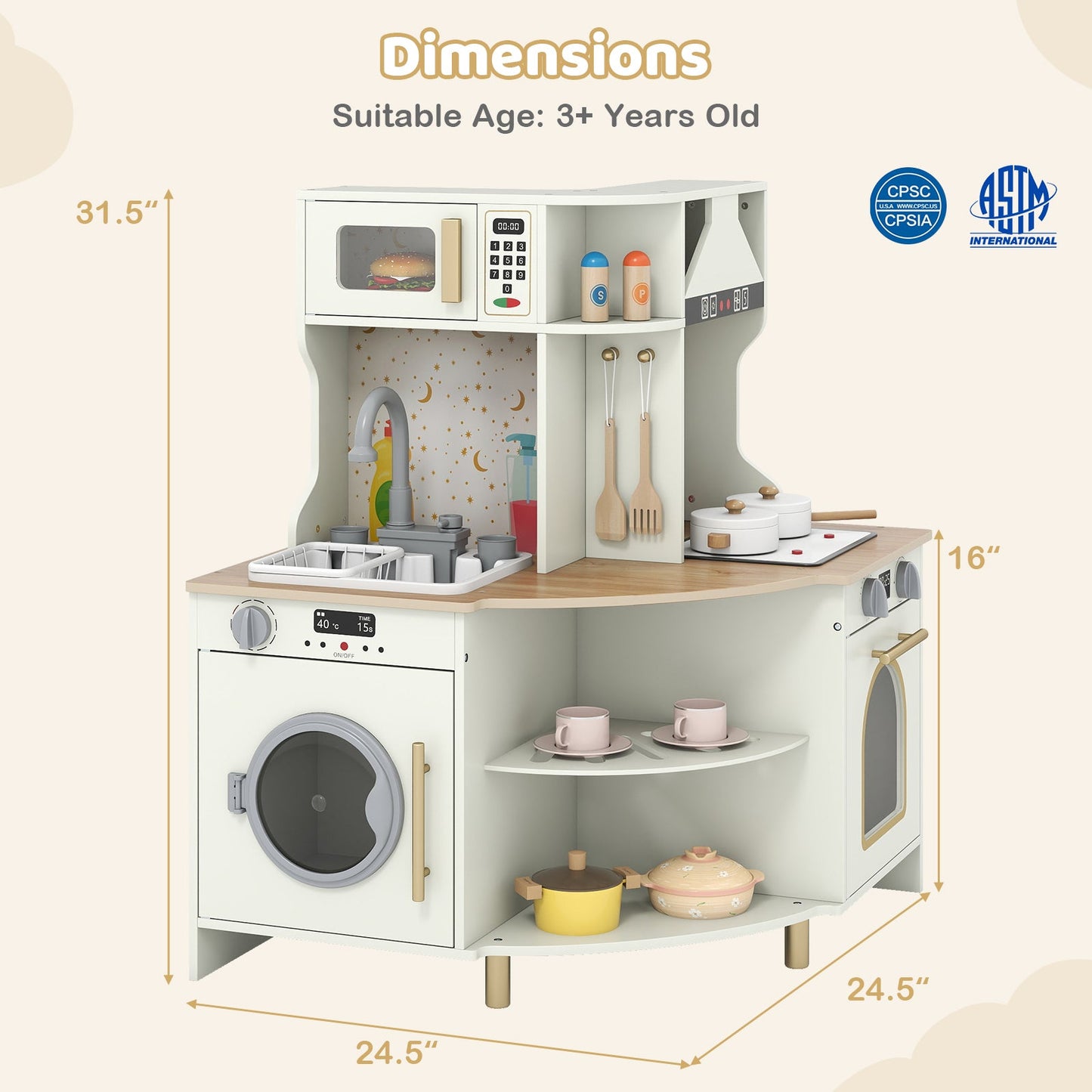Kids Play Kitchen Wooden Corner Kitchen Playset with Working Faucet and Sink-Beige