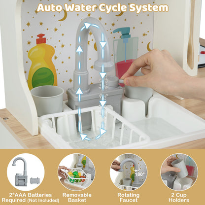 Kids Play Kitchen Wooden Corner Kitchen Playset with Working Faucet and Sink-Beige