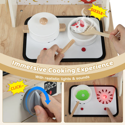 Kids Play Kitchen Wooden Corner Kitchen Playset with Working Faucet and Sink-Beige