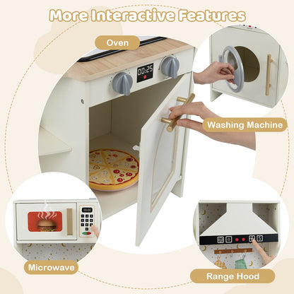 Kids Play Kitchen Wooden Corner Kitchen Playset with Working Faucet and Sink-Beige