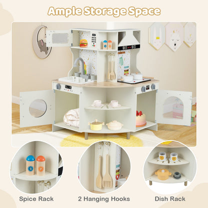 Kids Play Kitchen Wooden Corner Kitchen Playset with Working Faucet and Sink-Beige