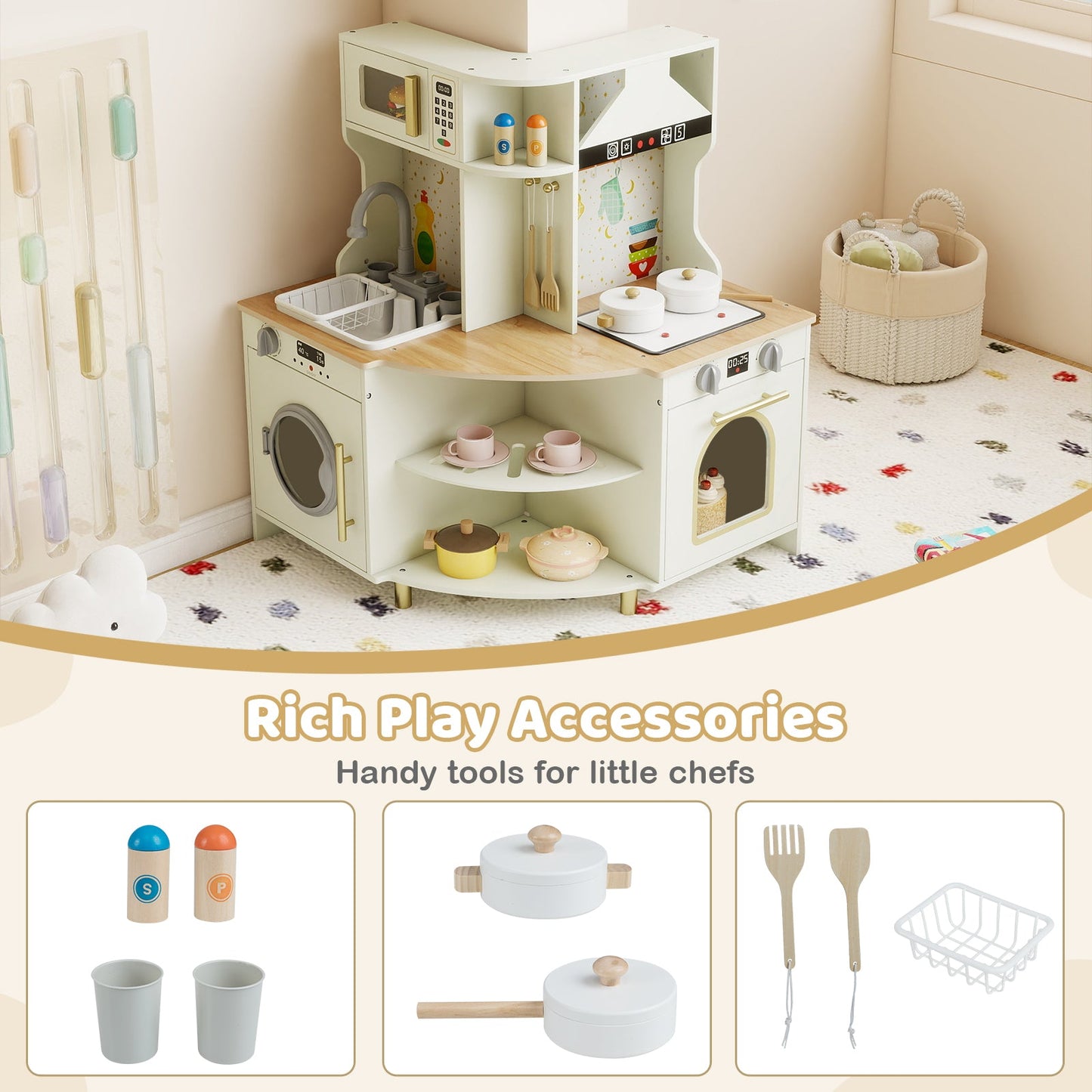 Kids Play Kitchen Wooden Corner Kitchen Playset with Working Faucet and Sink-Beige