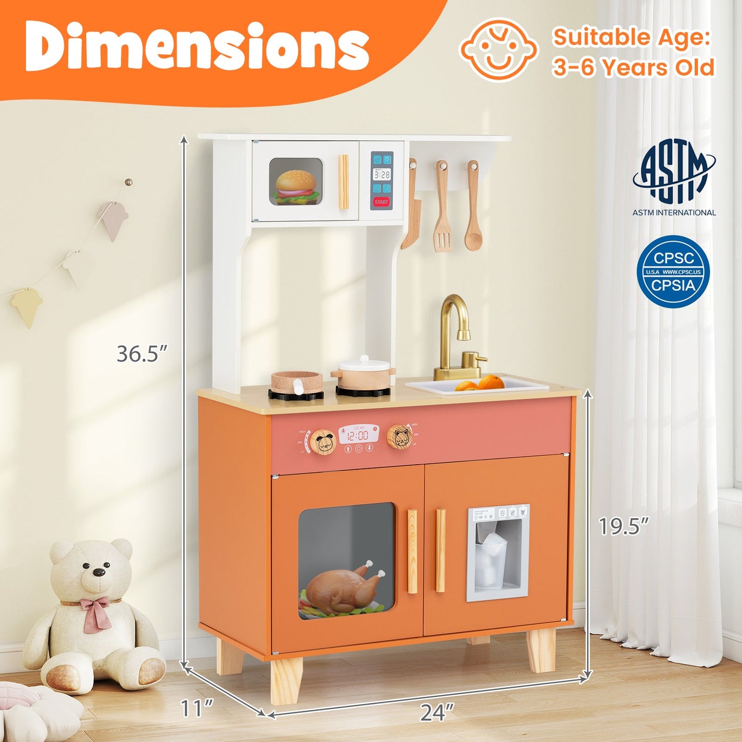 Kids Play Kitchen with Microwave and Rotation Knobs for Girls Boys Aged 3-6