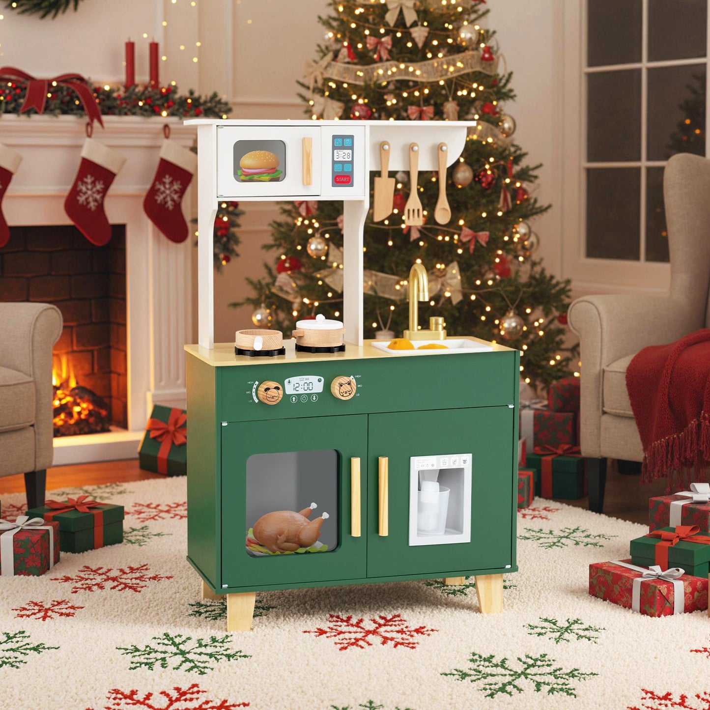 Kids Play Kitchen with Microwave and Rotation Knobs for Girls Boys Aged 3-6