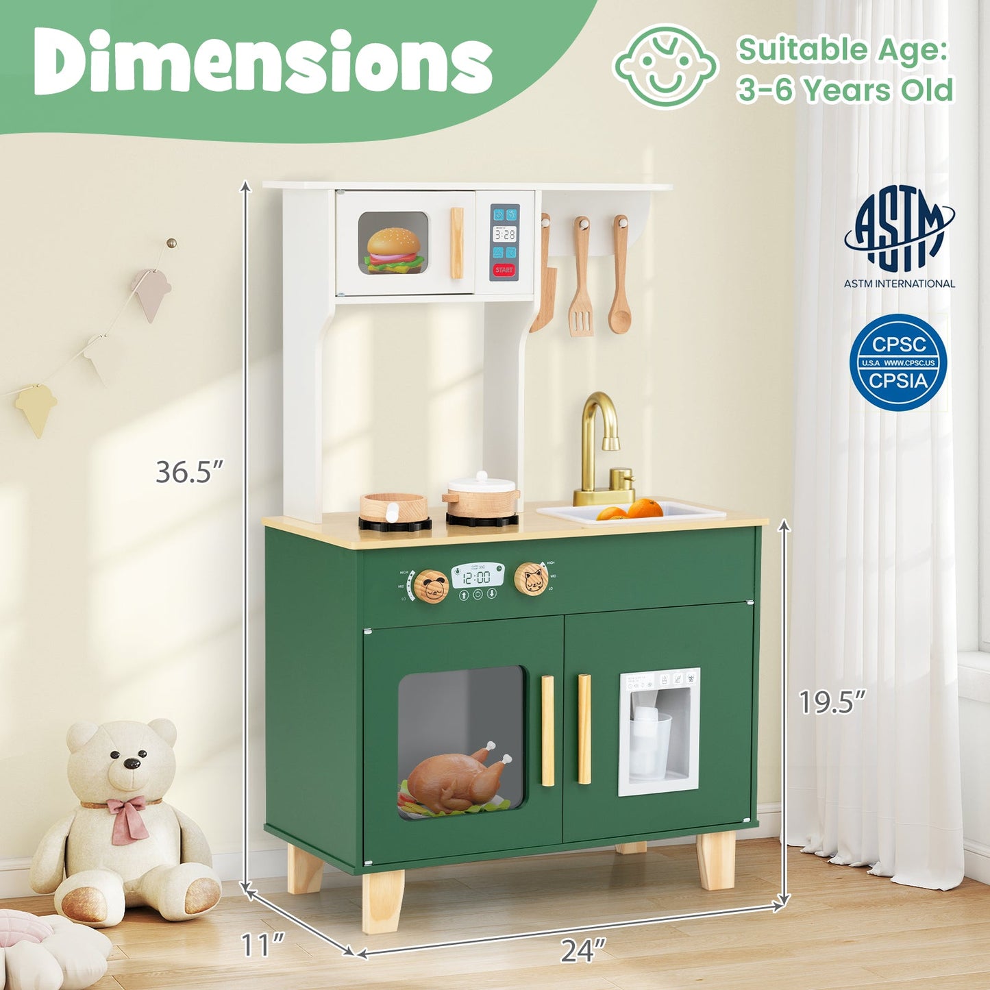 Kids Play Kitchen with Microwave and Rotation Knobs for Girls Boys Aged 3-6