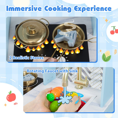 Kids Play Kitchen with Stoves and Faucet for Girls Boys Aged 3-6