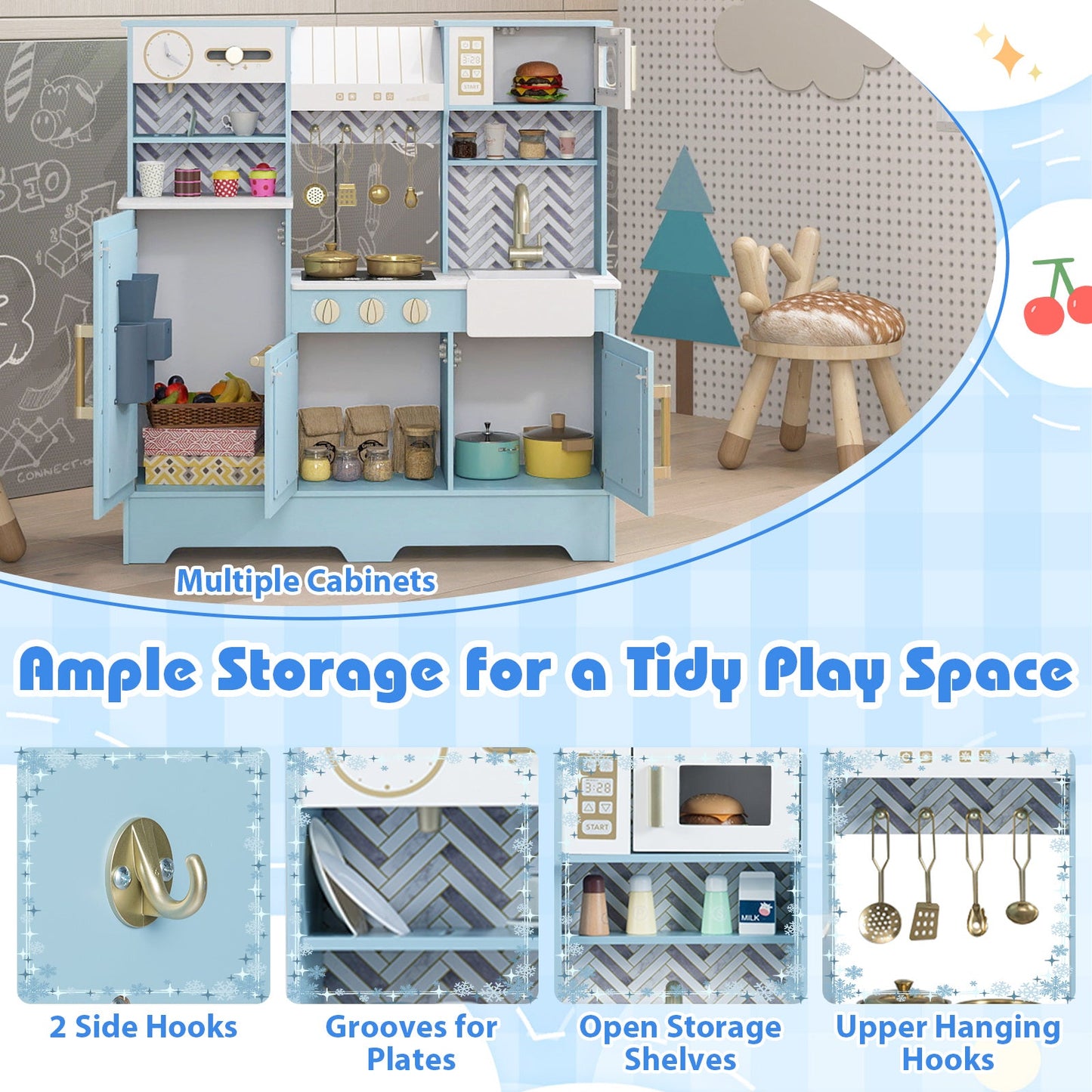 Kids Play Kitchen with Stoves and Faucet for Girls Boys Aged 3-6