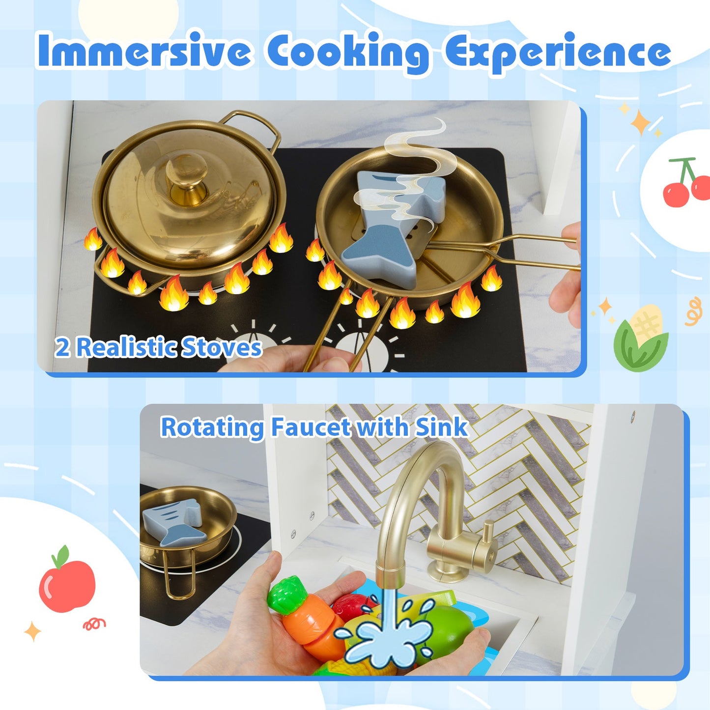Kids Play Kitchen with Stoves and Faucet for Girls Boys Aged 3-6