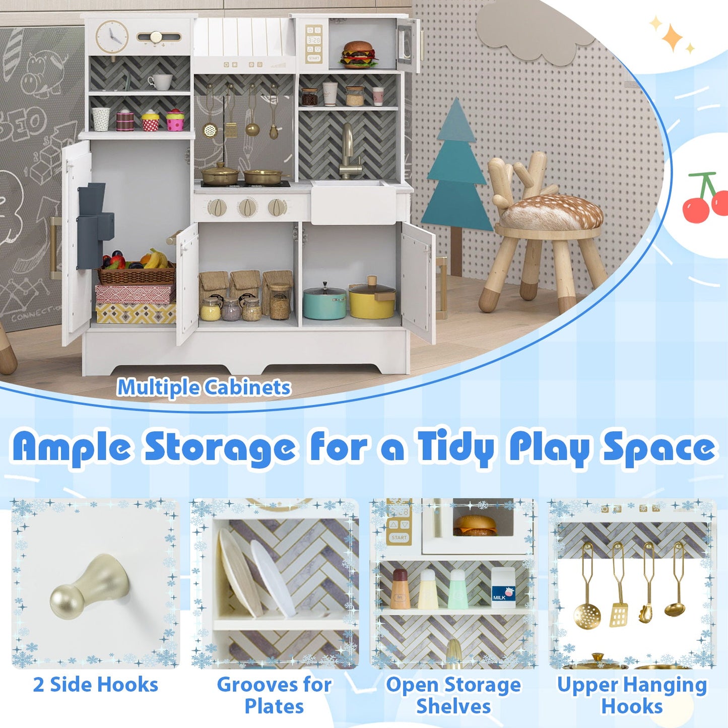 Kids Play Kitchen with Stoves and Faucet for Girls Boys Aged 3-6