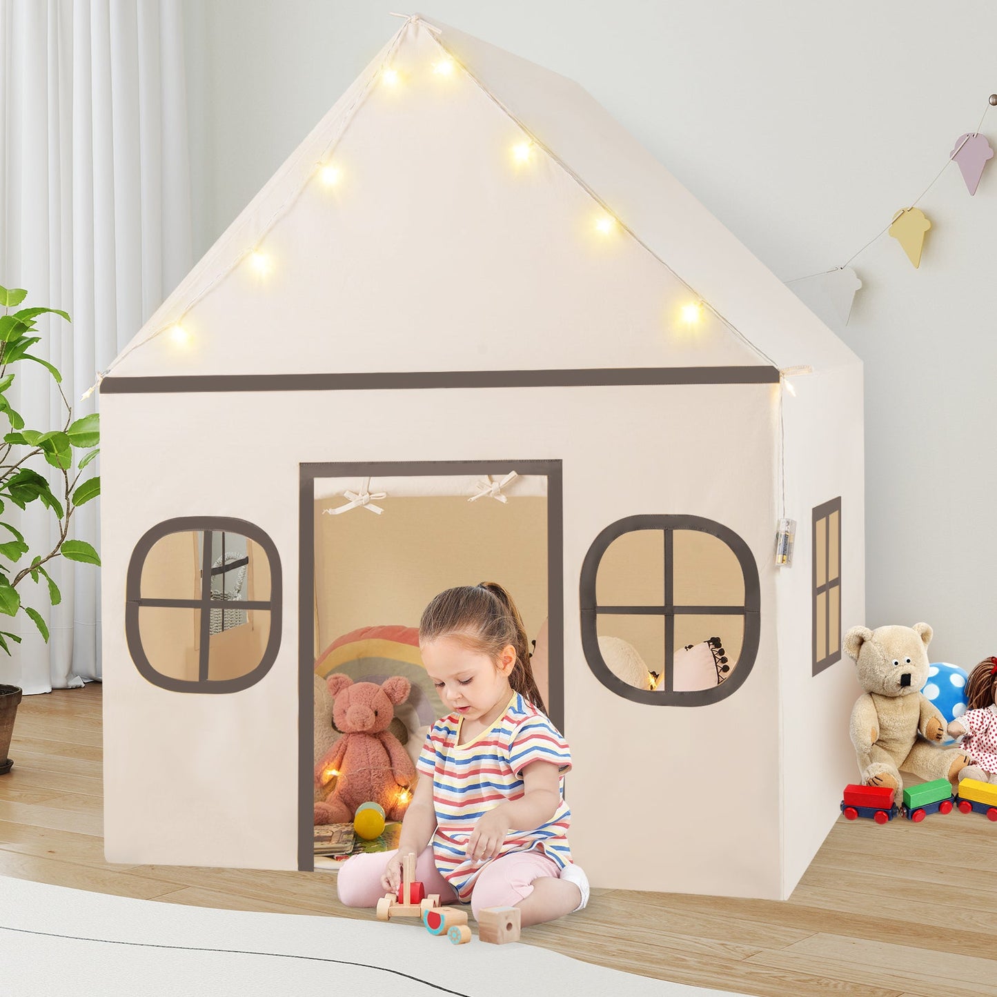 Kids Play Tent Large Playhouse with Door Curtain and Windows Star Lights