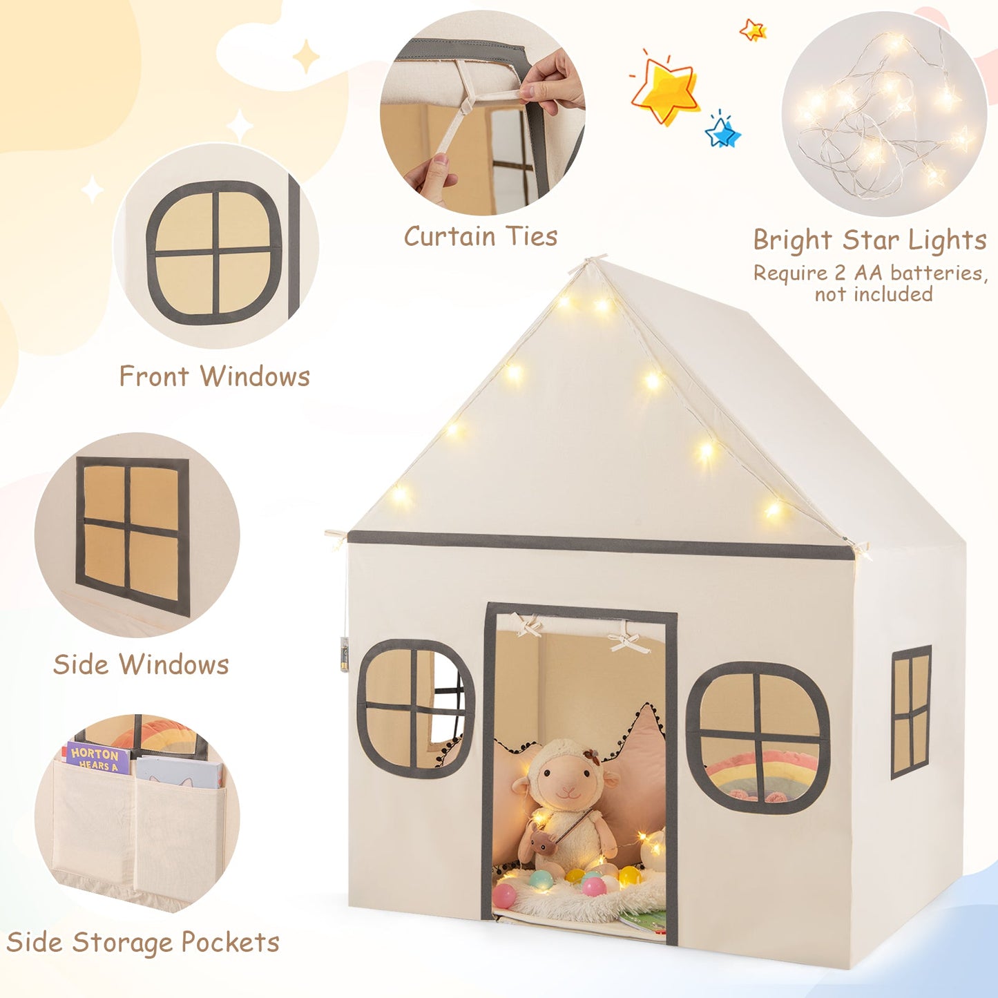Kids Play Tent Large Playhouse with Door Curtain and Windows Star Lights