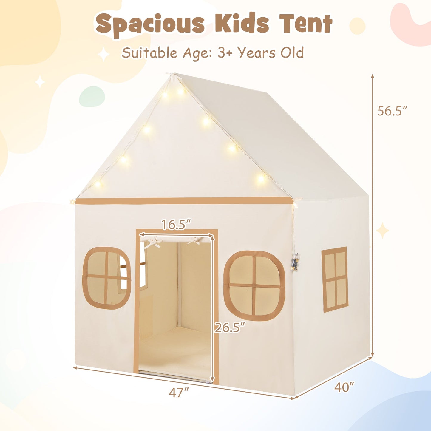 Kids Play Tent Large Playhouse with Door Curtain and Windows Star Lights