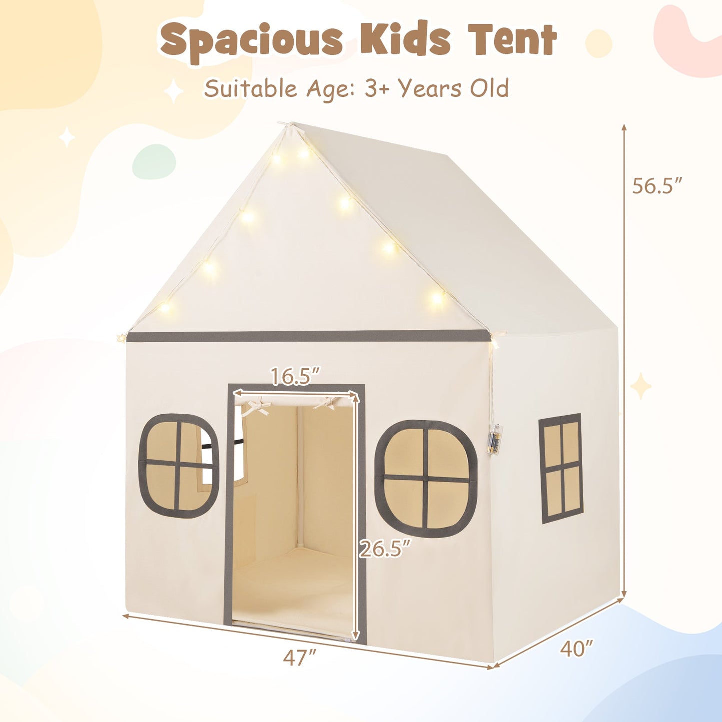 Kids Play Tent Large Playhouse with Door Curtain and Windows Star Lights