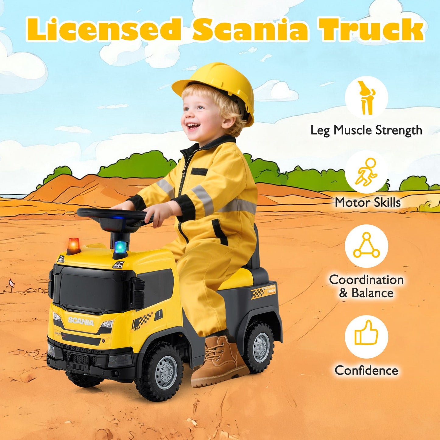 Kids Ride On Push Car Licensed SCANIA Truck Toy with Steering Wheel and Music