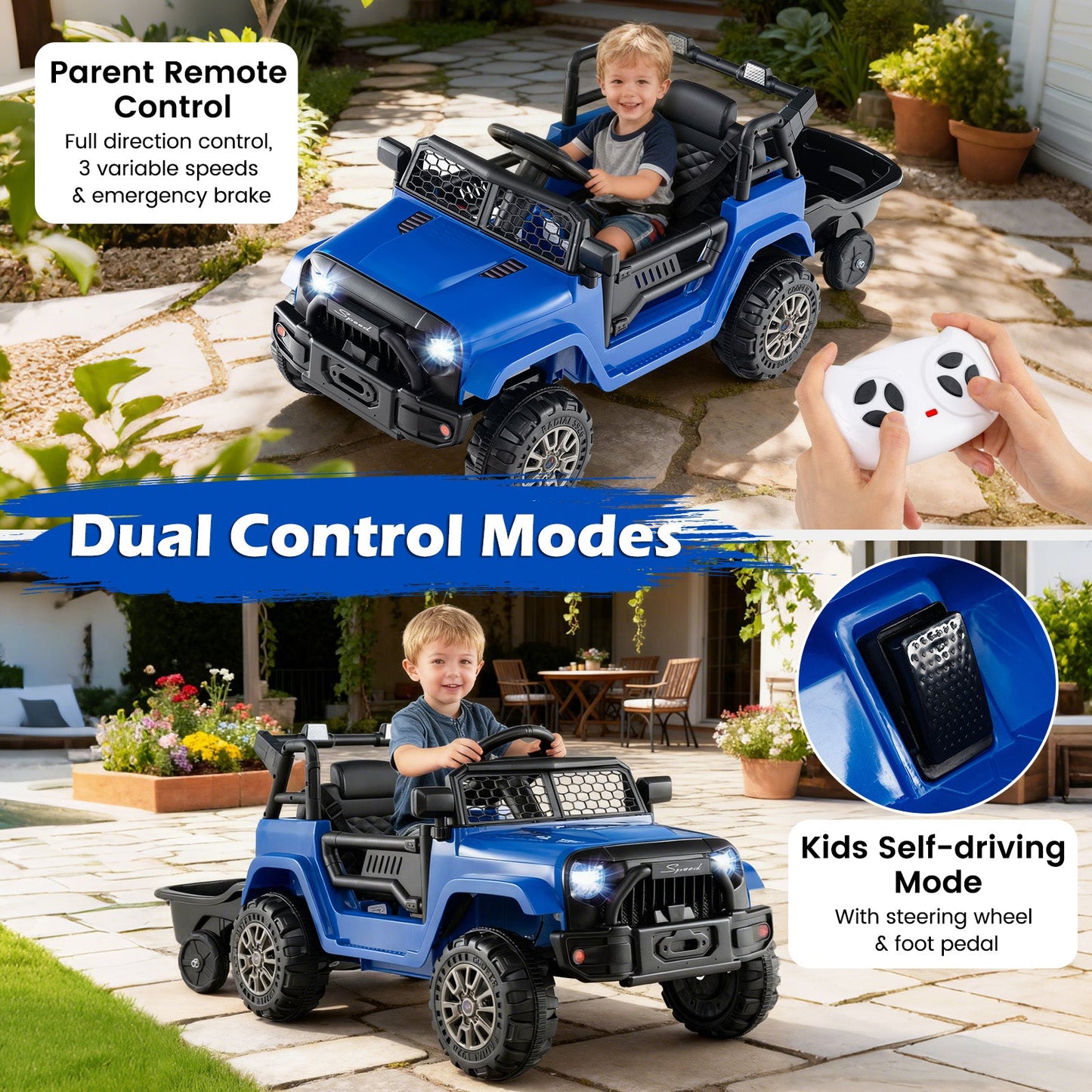 Kids Ride On UTV Car with Detachable Trailer 12V Battery Powered Ride On Truck