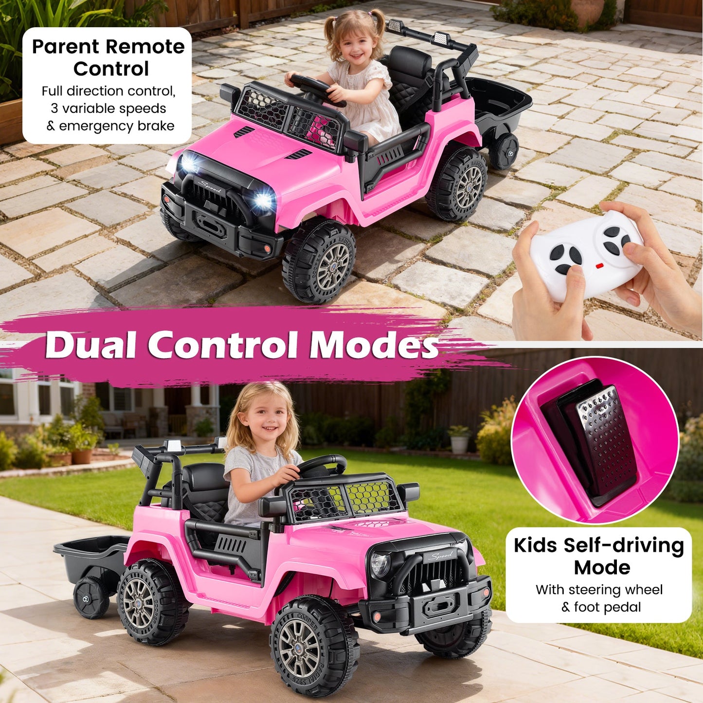 Kids Ride On UTV Car with Detachable Trailer 12V Battery Powered Ride On Truck