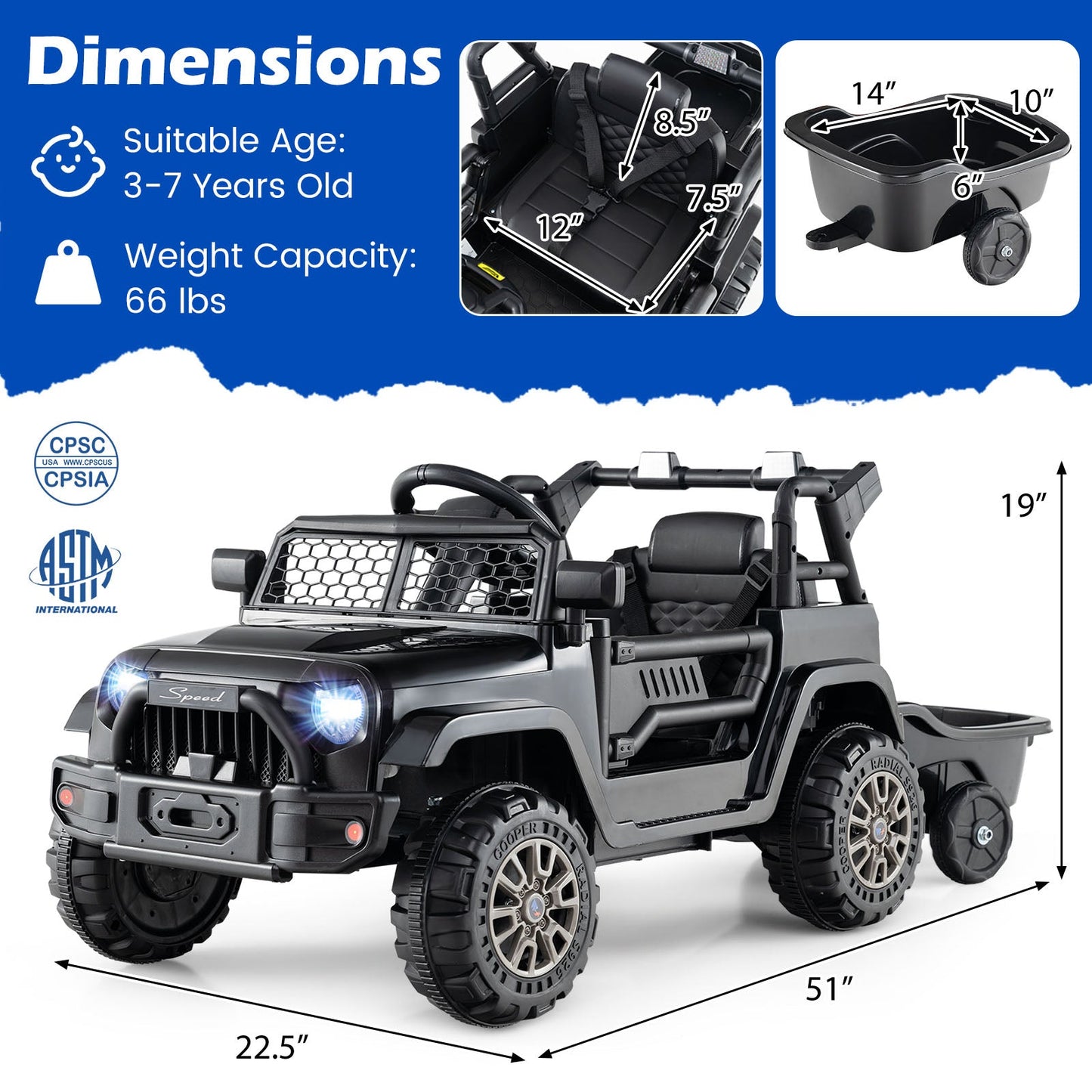 Kids Ride On UTV Car with Detachable Trailer 12V Battery Powered Ride On Truck
