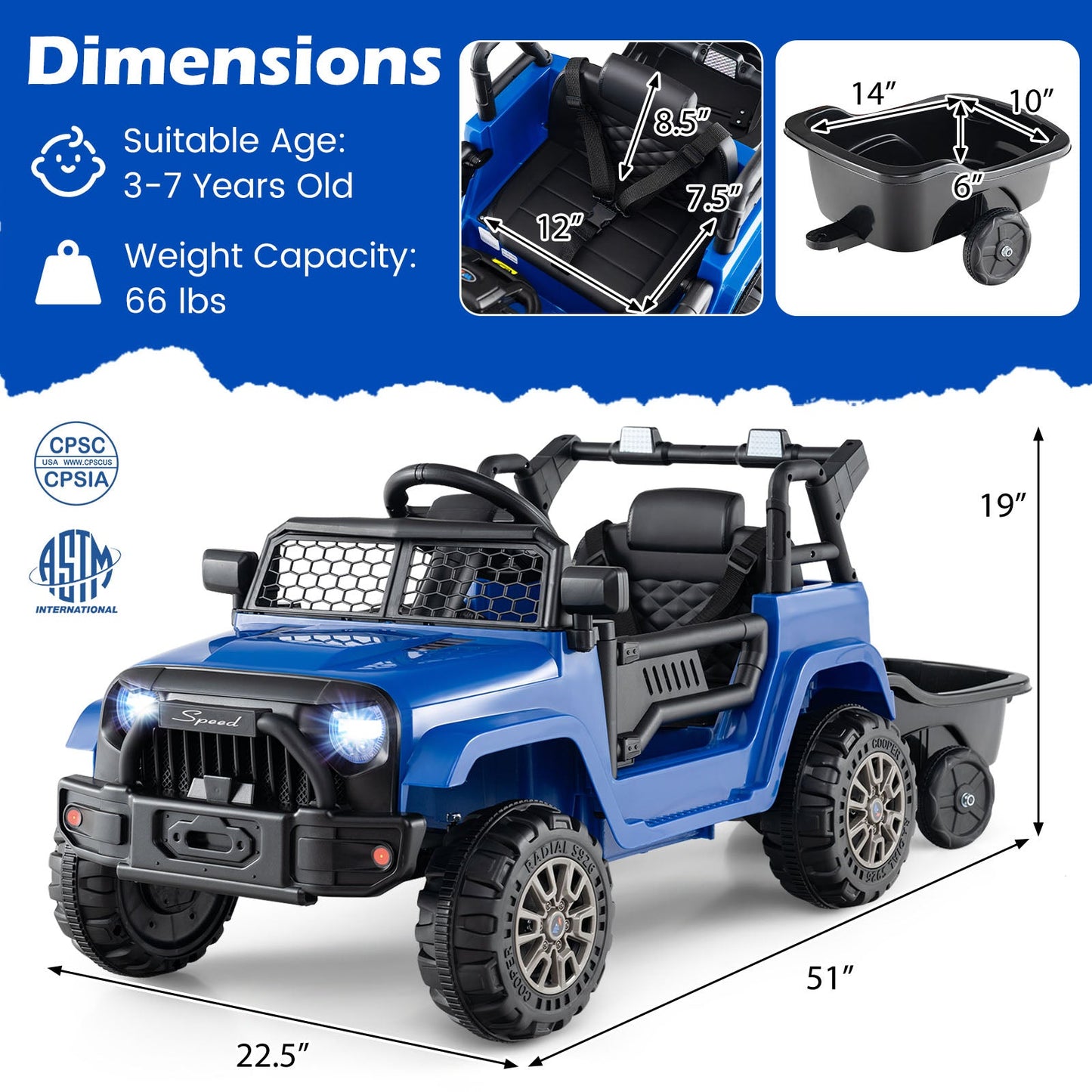 Kids Ride On UTV Car with Detachable Trailer 12V Battery Powered Ride On Truck
