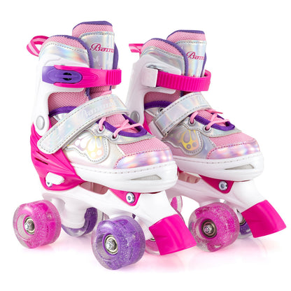 Kids Roller Skates 4 Sizes Adjustable Quad Skates with Light-up Wheels and Safety Protection