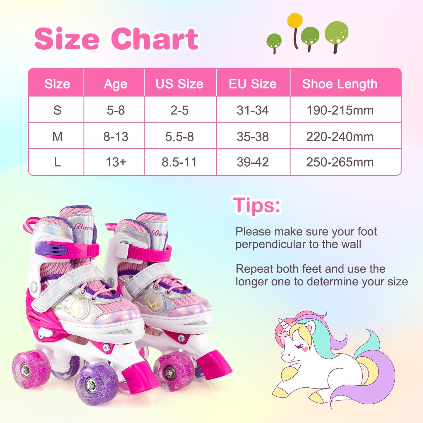 Kids Roller Skates 4 Sizes Adjustable Quad Skates with Light-up Wheels and Safety Protection