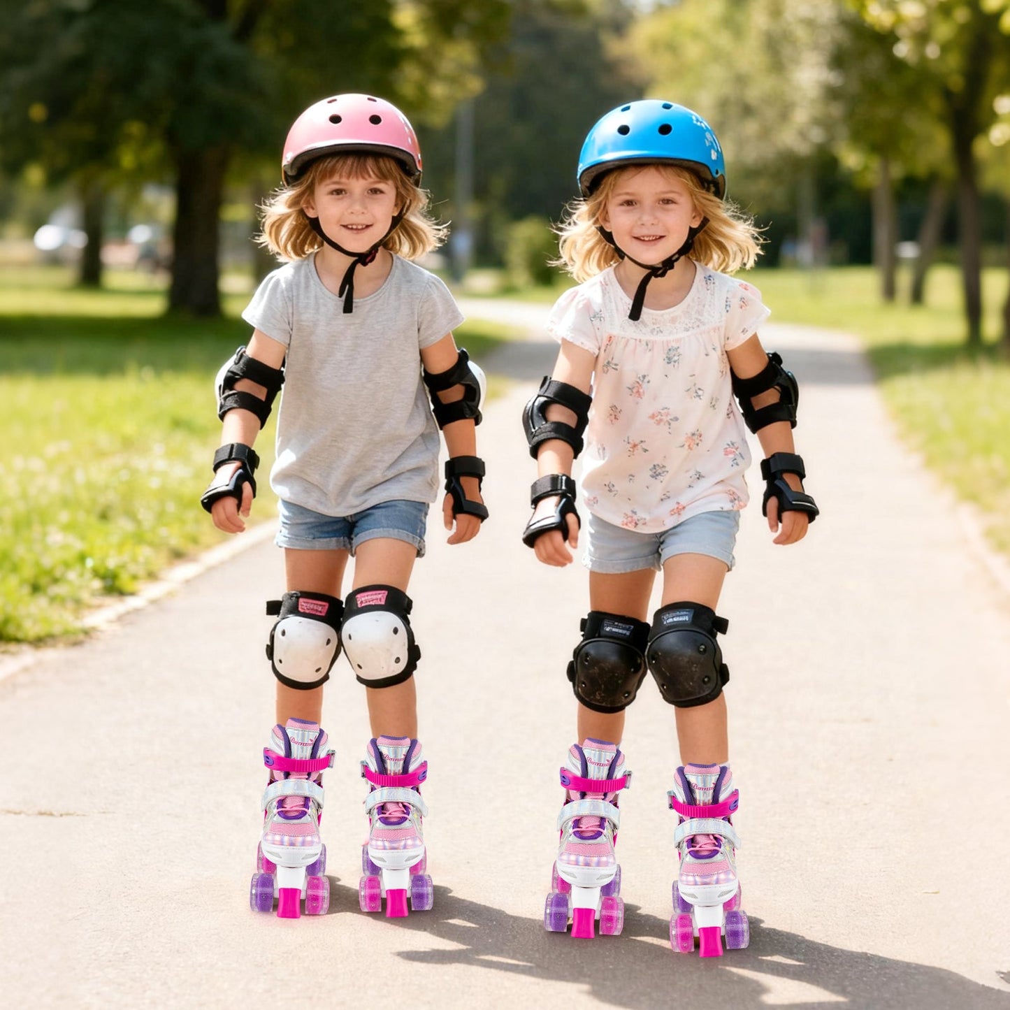 Kids Roller Skates 4 Sizes Adjustable Quad Skates with Light-up Wheels and Safety Protection