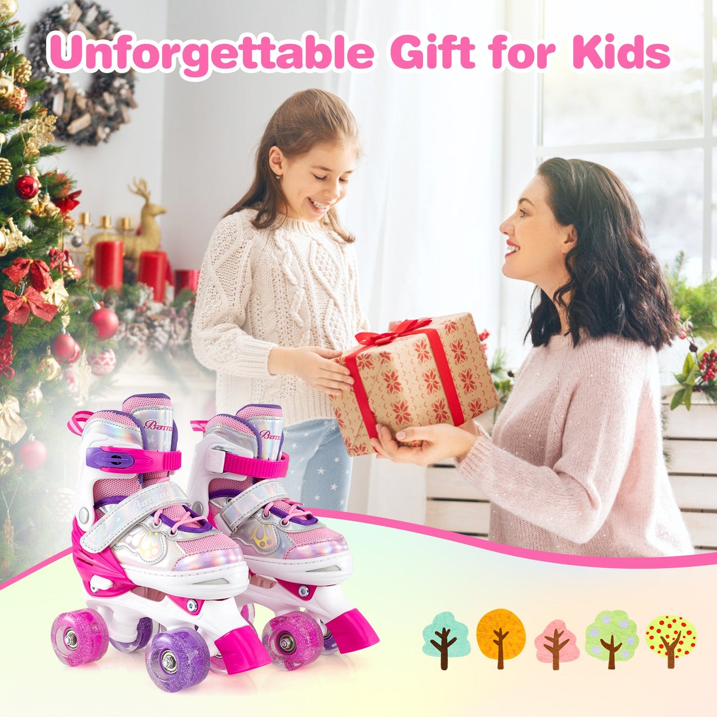 Kids Roller Skates 4 Sizes Adjustable Quad Skates with Light-up Wheels and Safety Protection