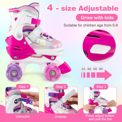 Kids Roller Skates 4 Sizes Adjustable Quad Skates with Light-up Wheels and Safety Protection
