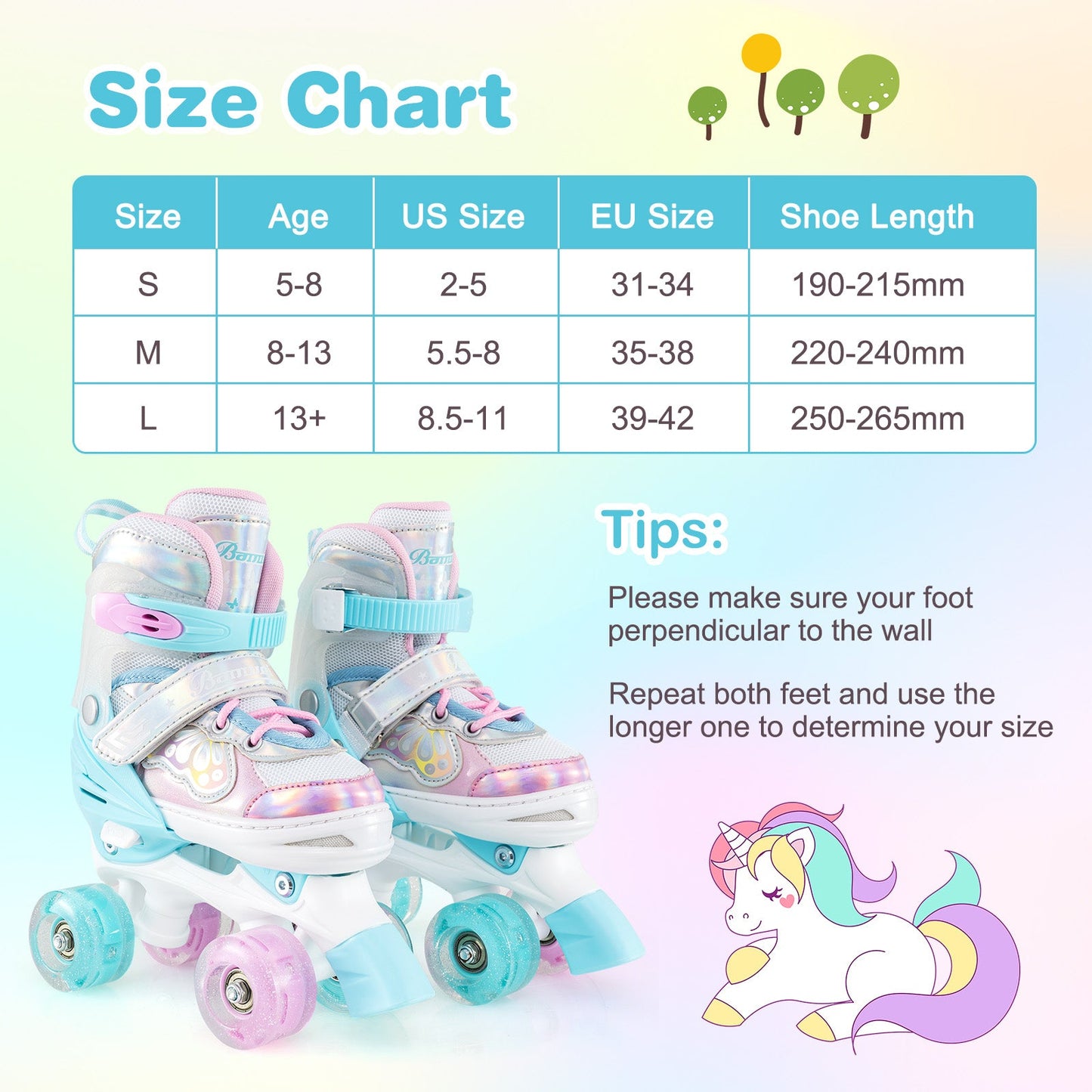 Kids Roller Skates 4 Sizes Adjustable Quad Skates with Light-up Wheels and Safety Protection