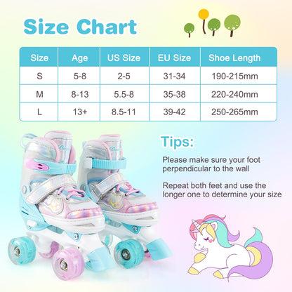 Kids Roller Skates 4 Sizes Adjustable Quad Skates with Light-up Wheels and Safety Protection